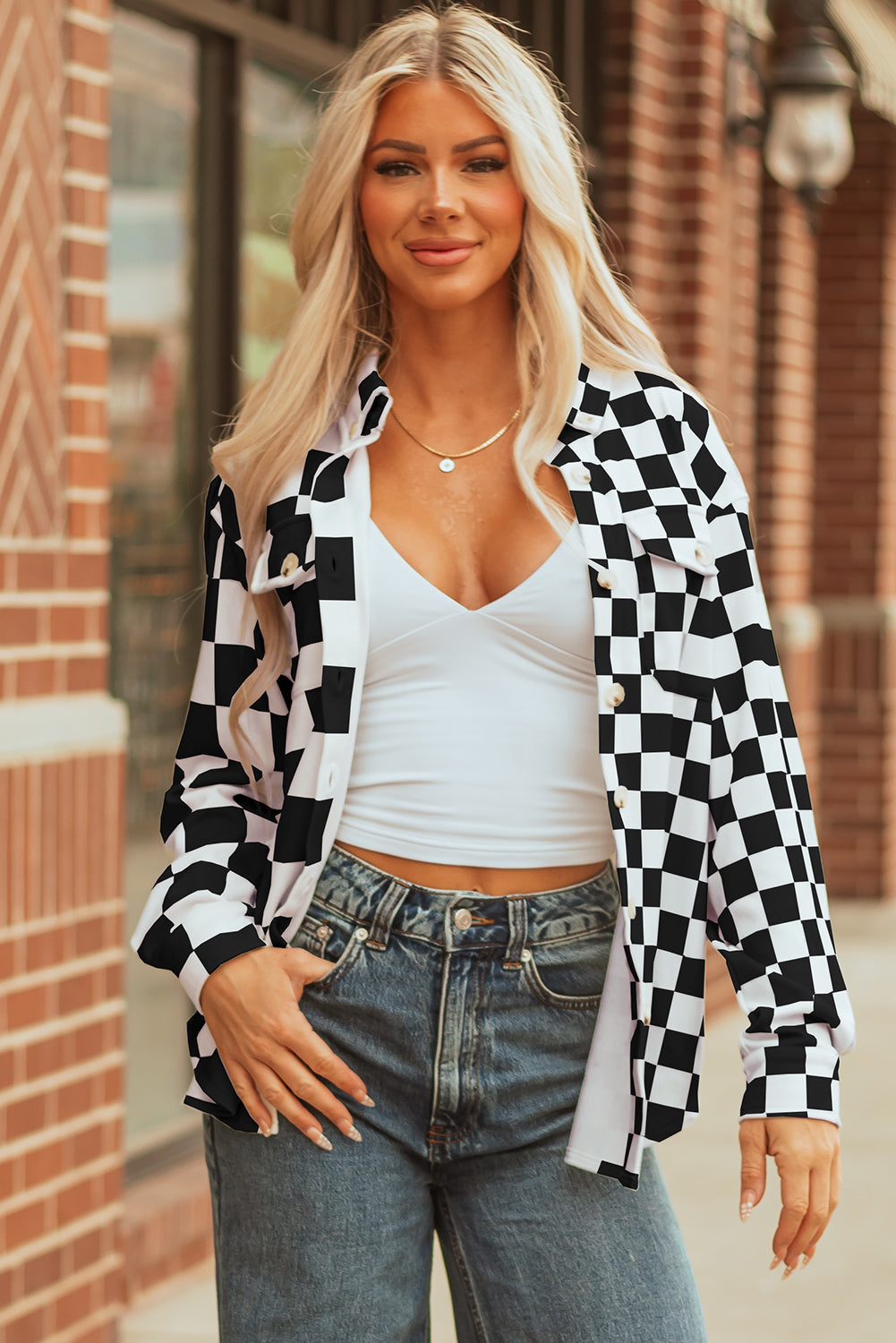Checkerboard Button Front Plaid Shackets