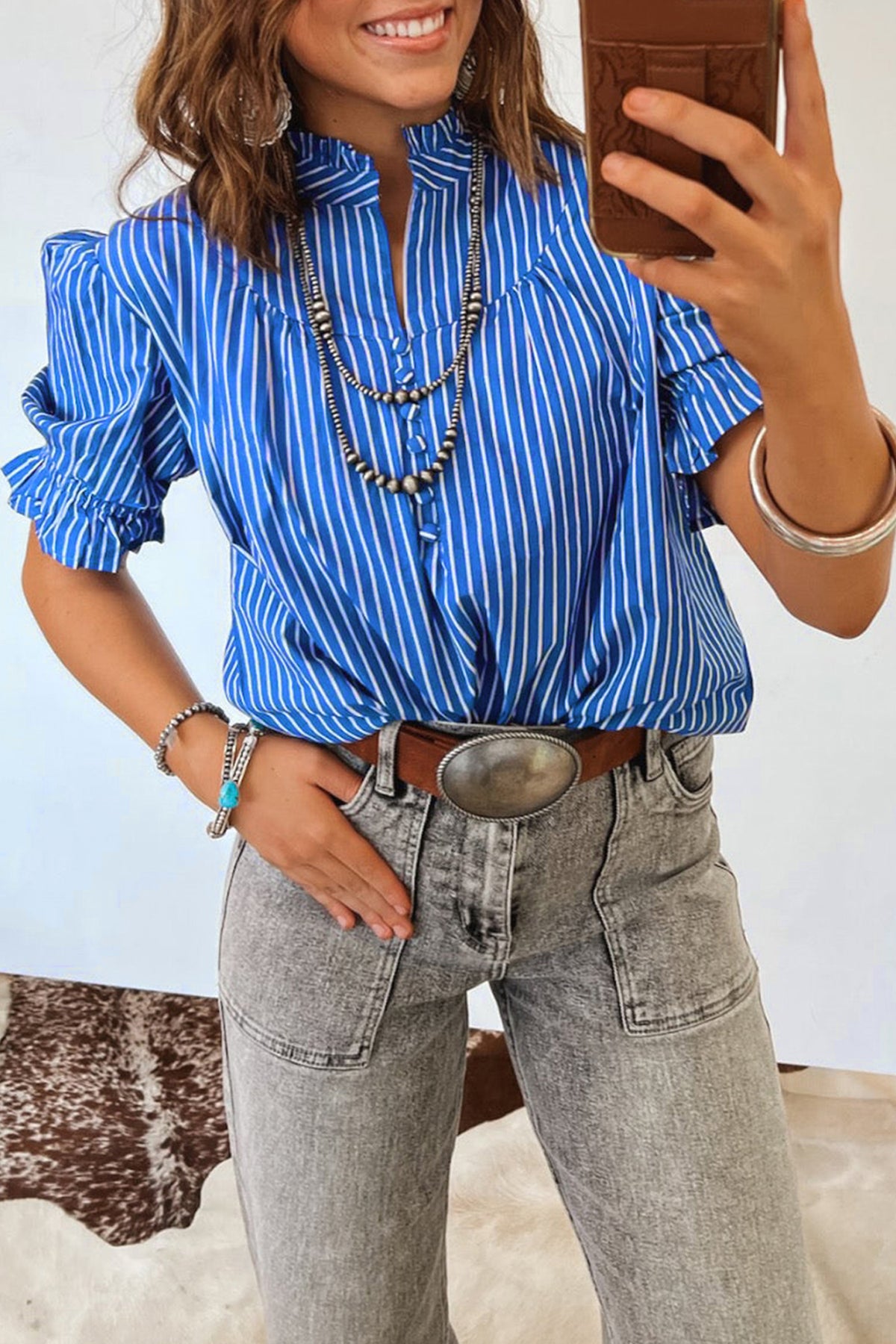 Stripe Ruffled Puff Sleeve Blouse