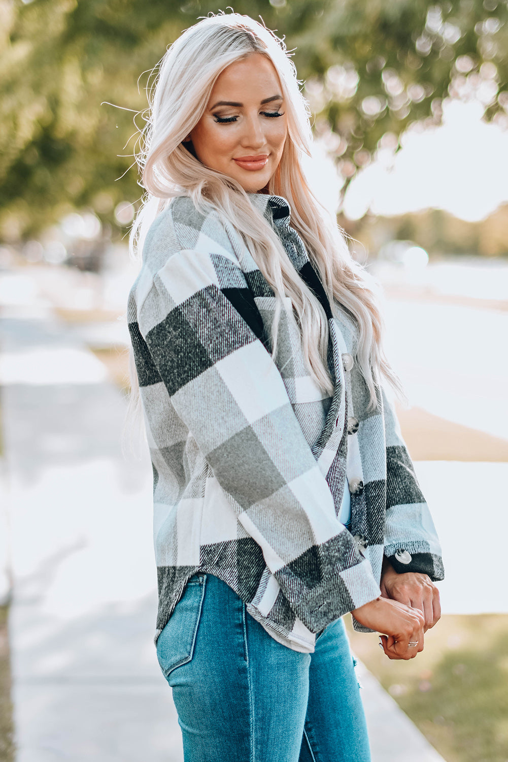 Color Block Buttoned Plaid Shackets