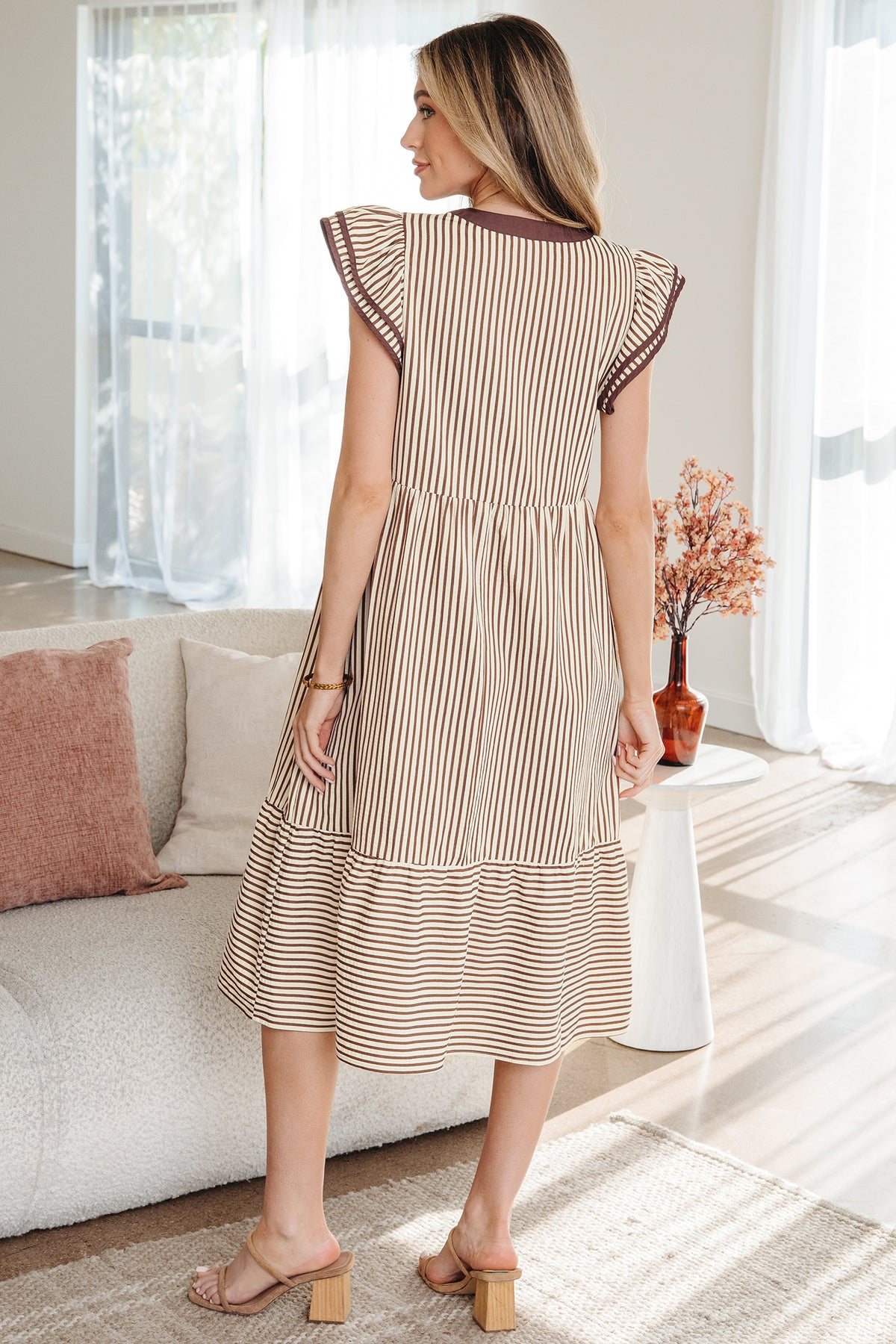 Stripe Ruffled V-neck Midi Dress