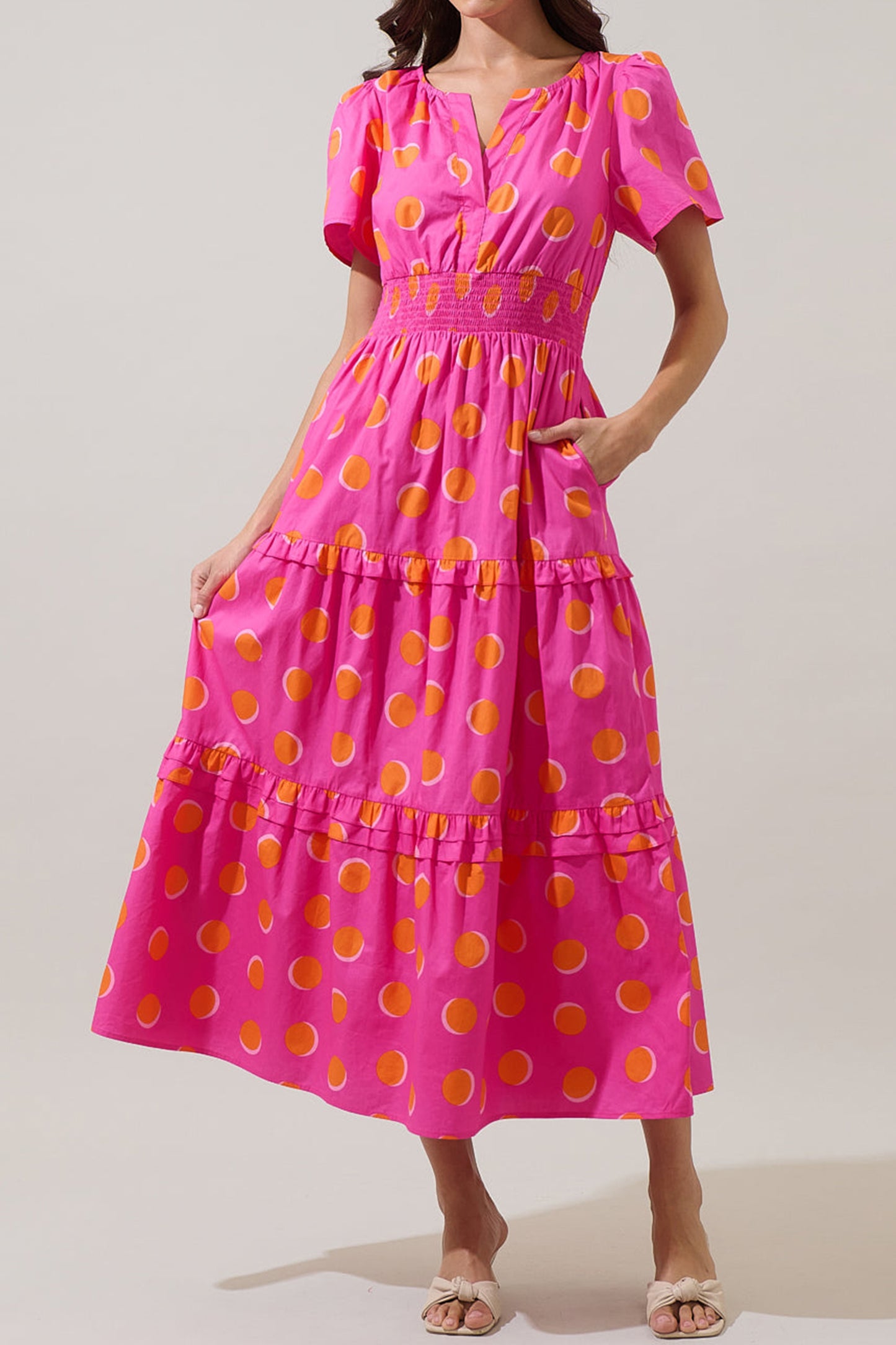 Polka Dot Shirred Midi Dress
