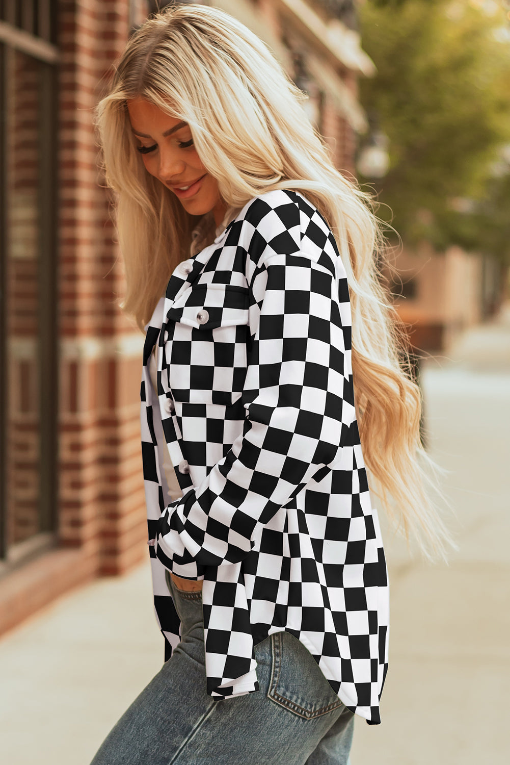 Checkerboard Button Front Plaid Shackets