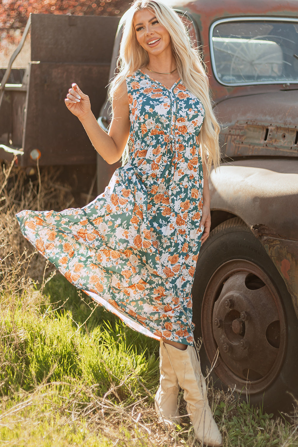 Floral V-neck Sleeveless Maxi Dress