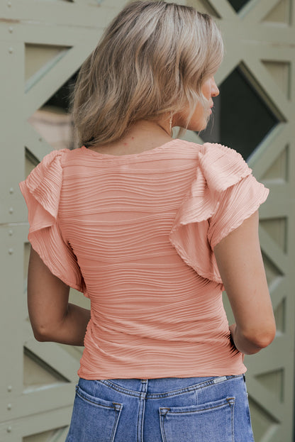 Casual Wavy Textured Ruffle Sleeve Top