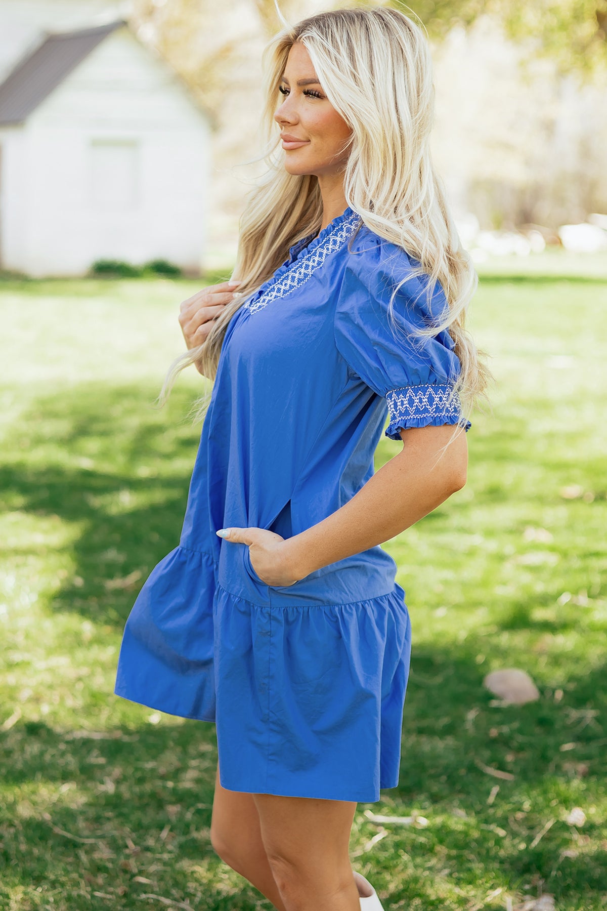 Smocked Detail V-neck Mini Dress