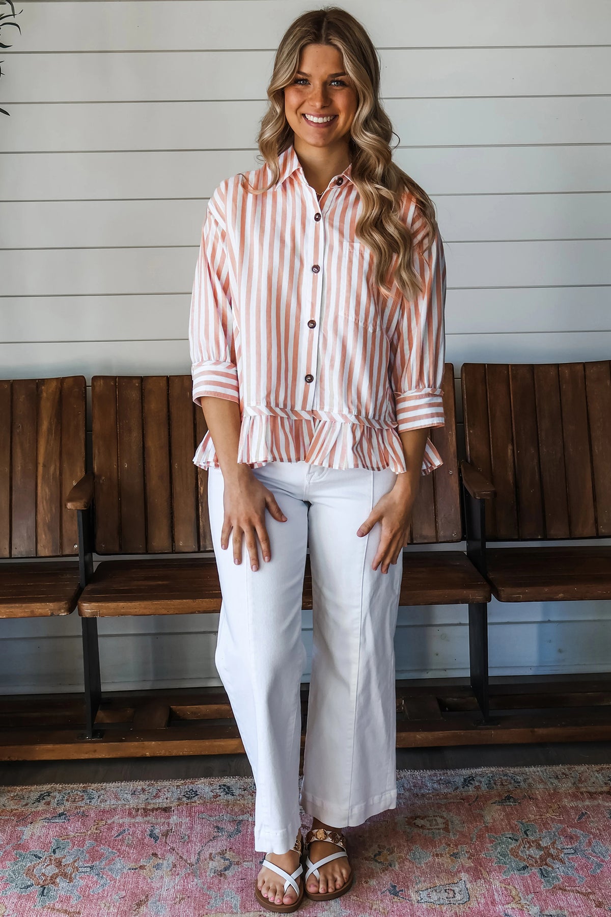Stripe Collar Ruffle Hem Blouse