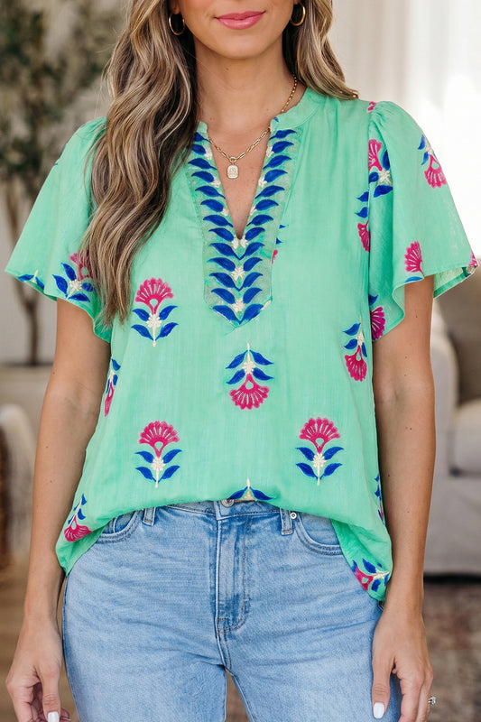 Floral V-neck Flutter Sleeve Blouse