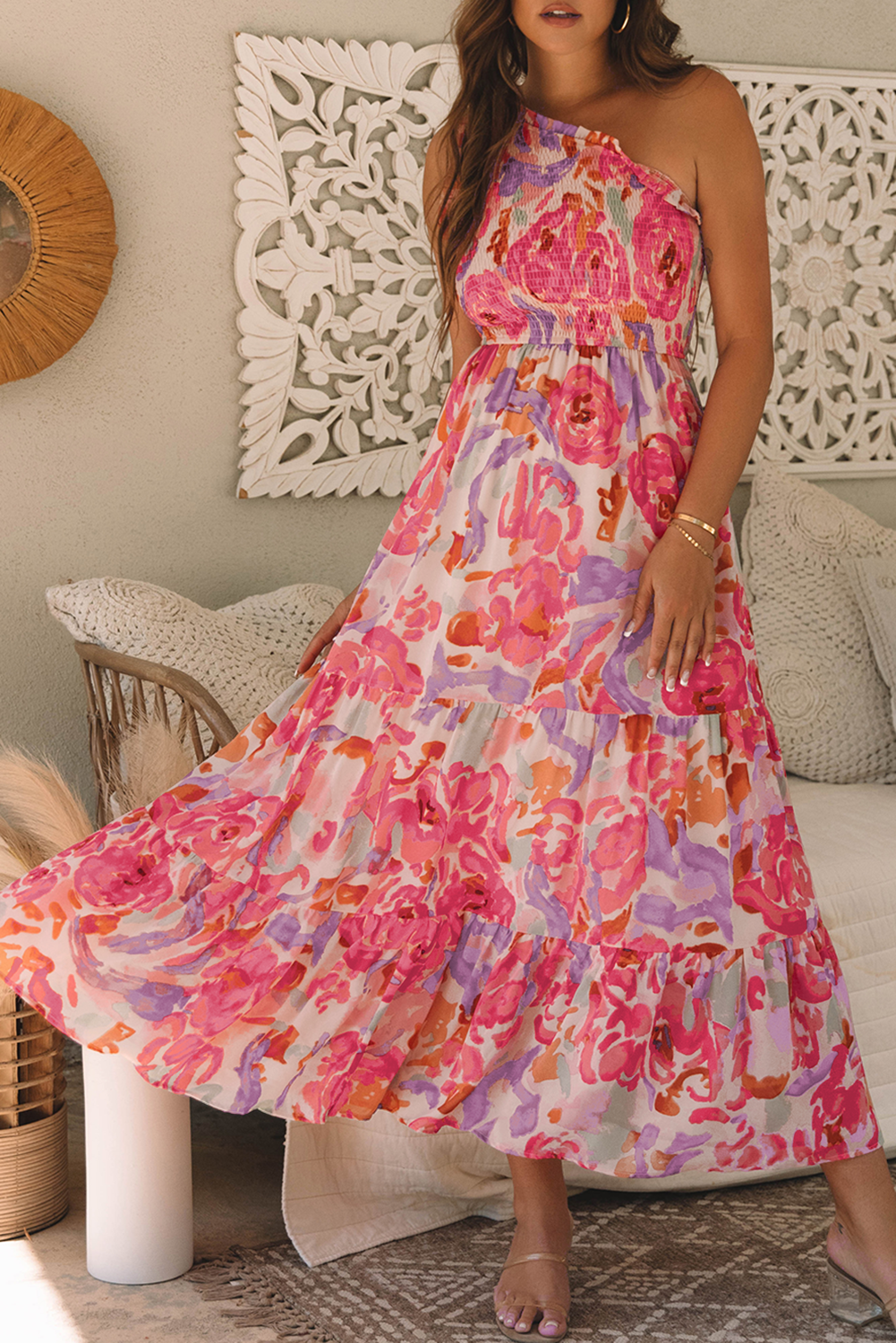 Abstract Shirred Maxi Floral Dress