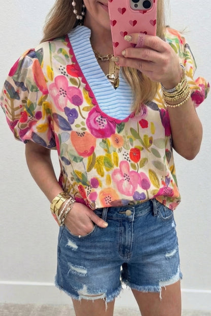 Floral V-neck Puff Sleeve Blouse