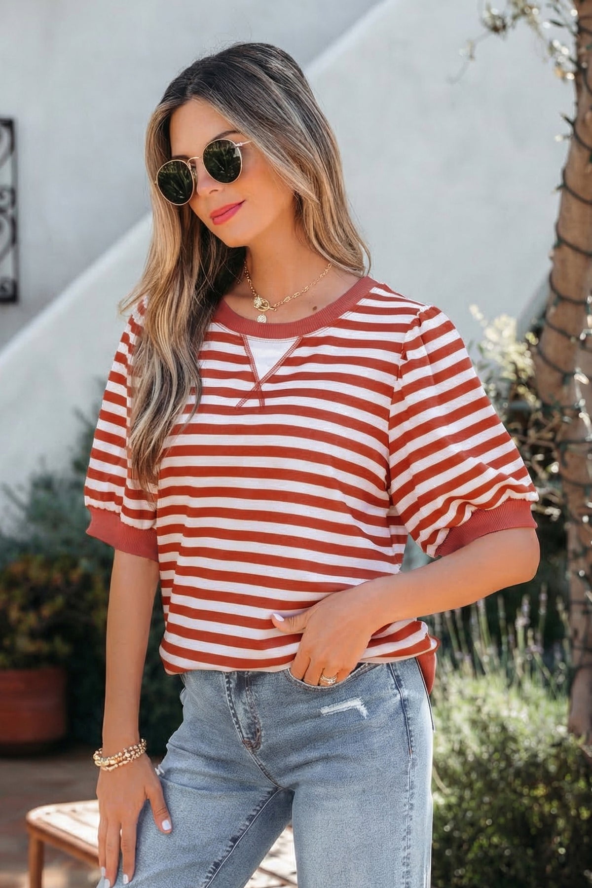 Stripe Short Bubble Sleeve Tee
