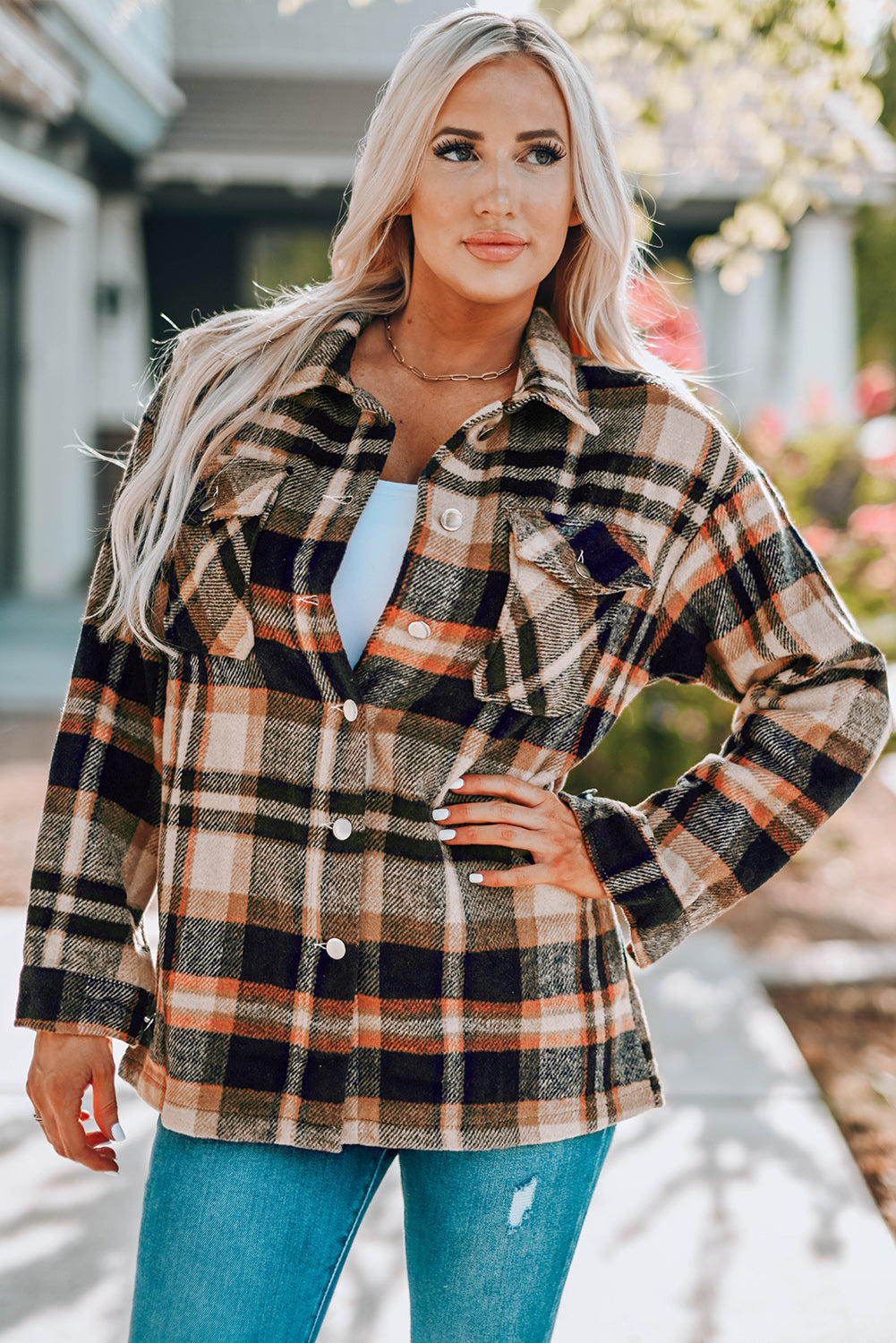 Fiery Geometric Pocketed Plaid Shackets