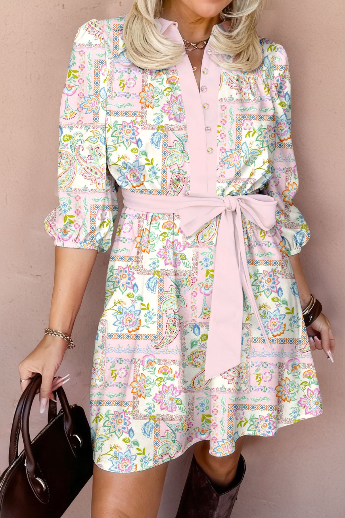 Boho Color Block Floral Dress