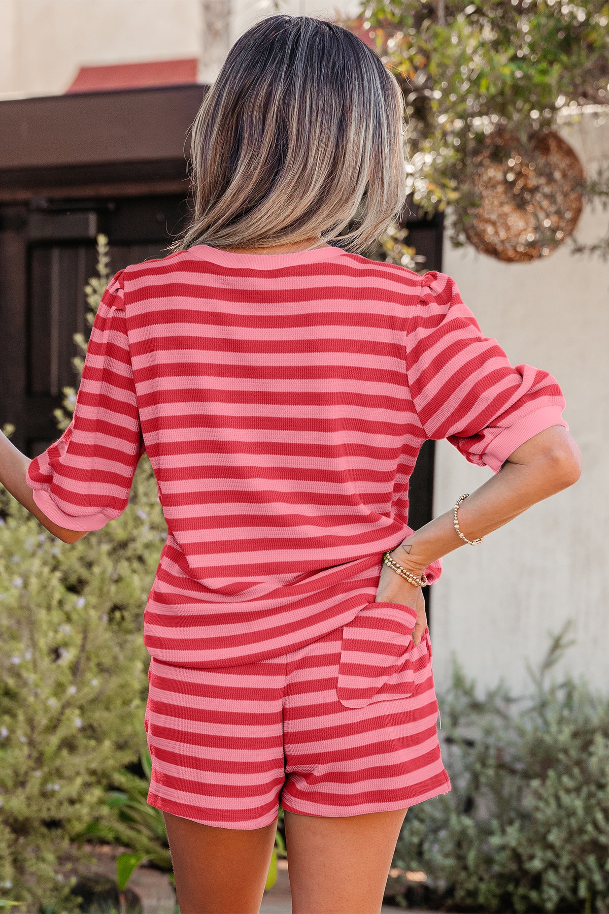 Stripe Puff Shirt Short Set