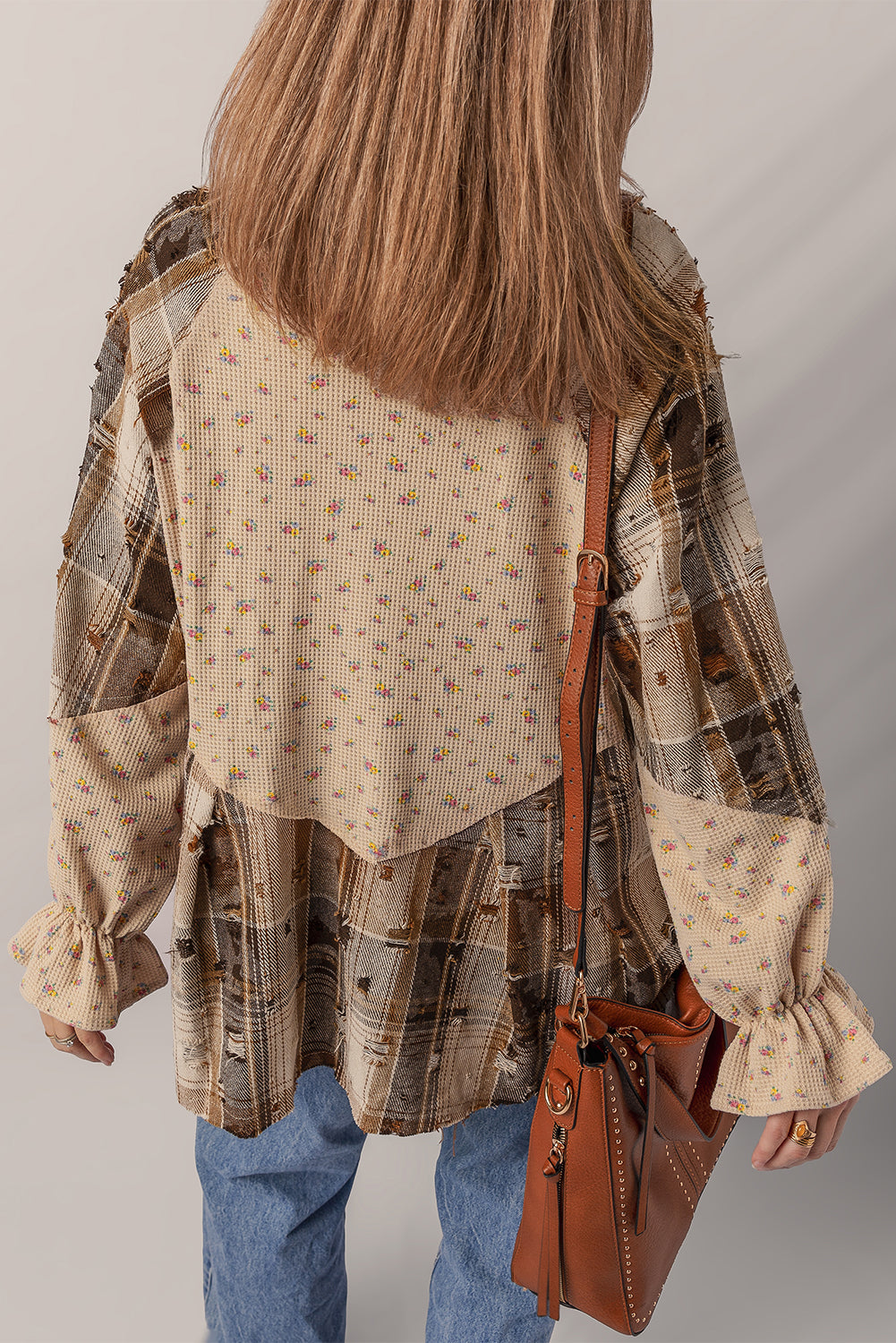 Boho Floral Ruffled Plaid Shackets