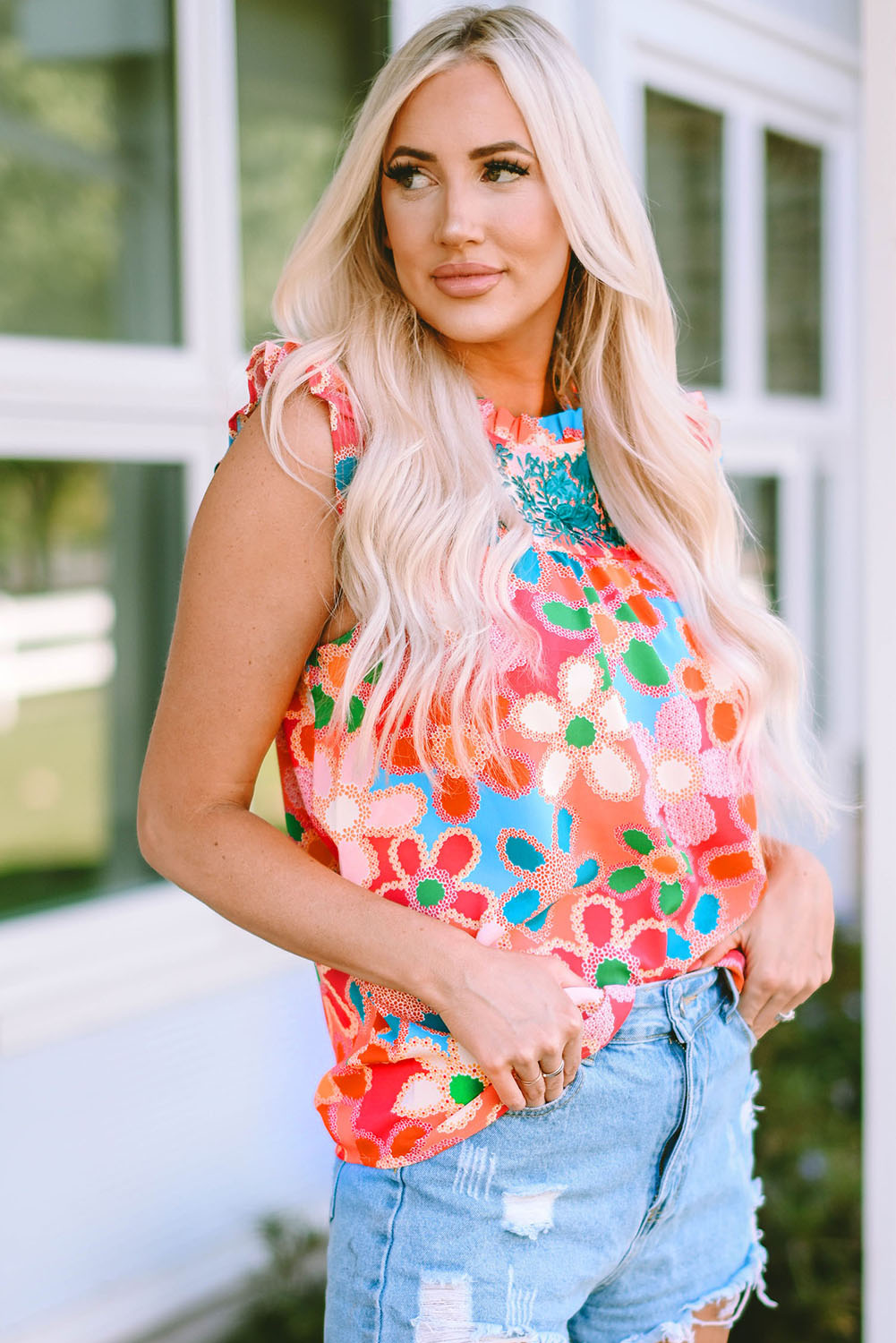 Embroidered Floral Ruffle Tank Top