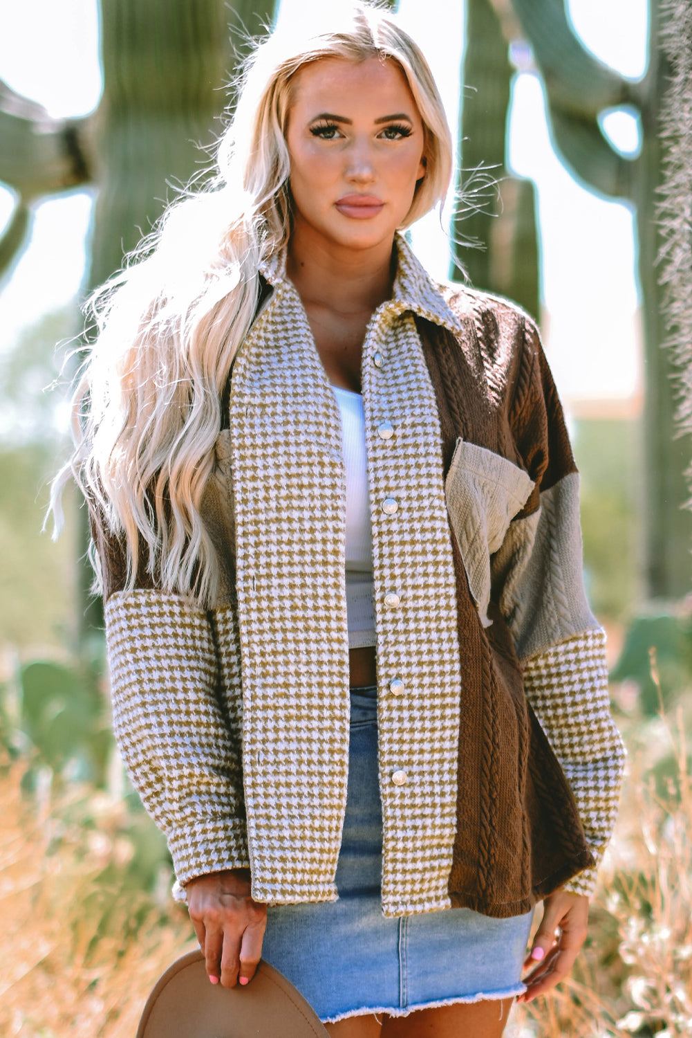 Houndstooth Color Textured Shacket Jackets