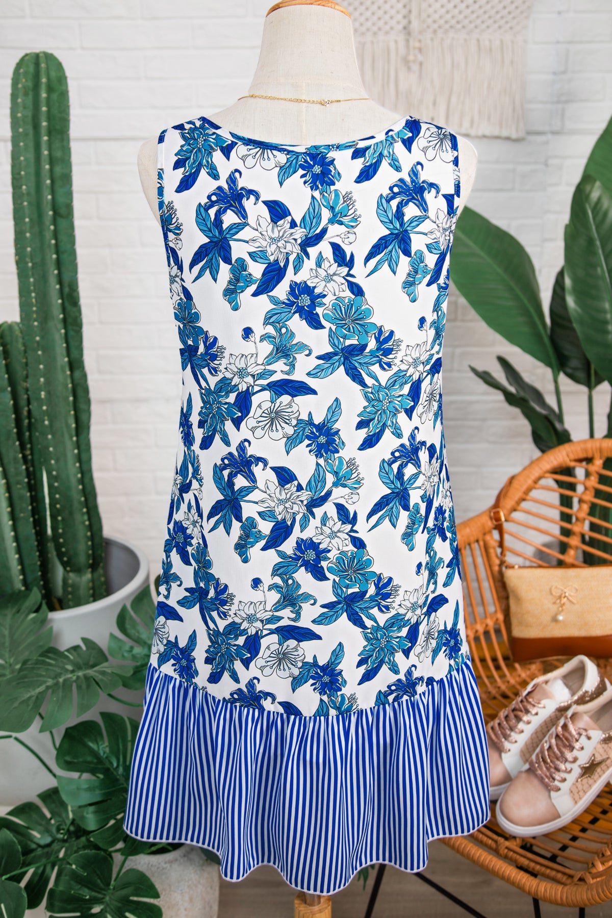 Striped Ruffle Hem Floral Dress