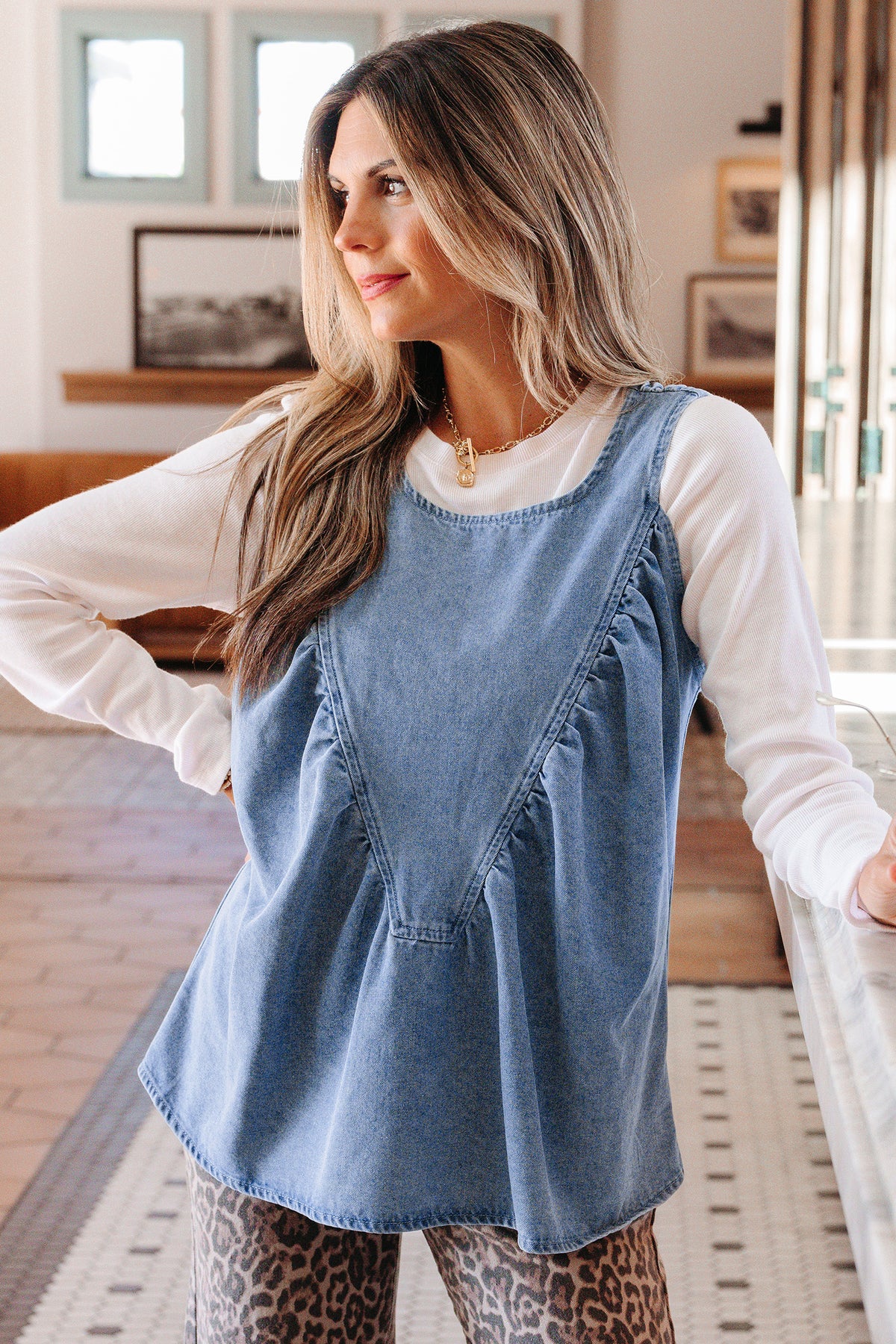 Denim Pleated Sleeveless Tank Top