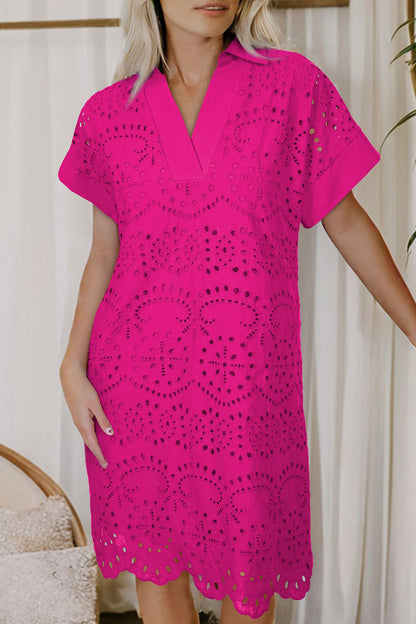 Black Solid Color Eyelet Embroidered T Shirt Mini Dress