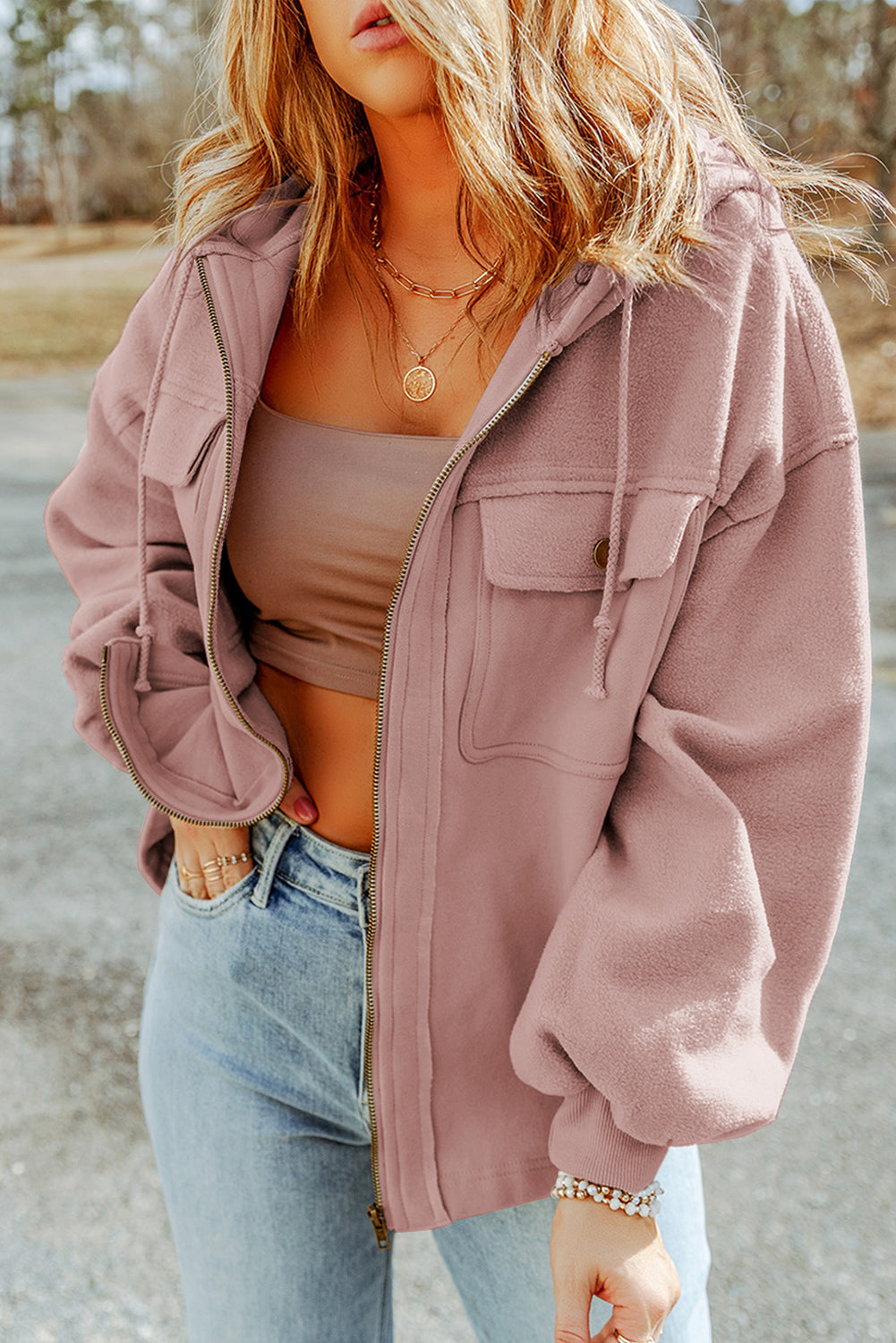 Flap Pocket Drawstring Hood Jackets