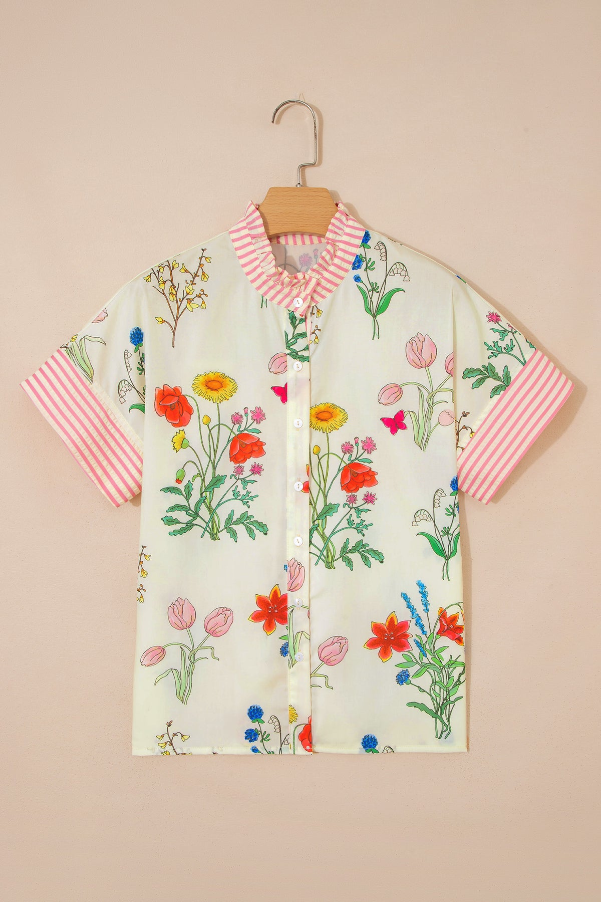 Floral Striped Ruffled Collar Blouse