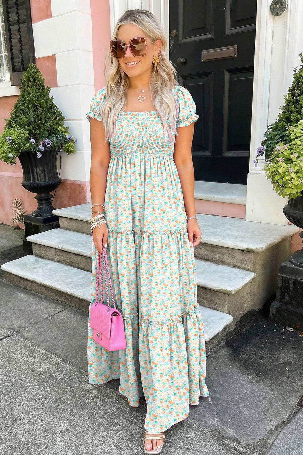 Floral Short Shirred Maxi Dress