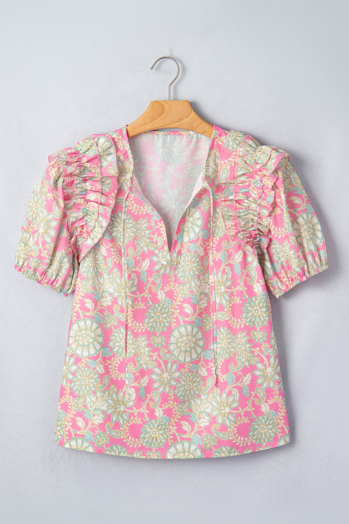 V-neck Floral Puff Sleeve Blouse