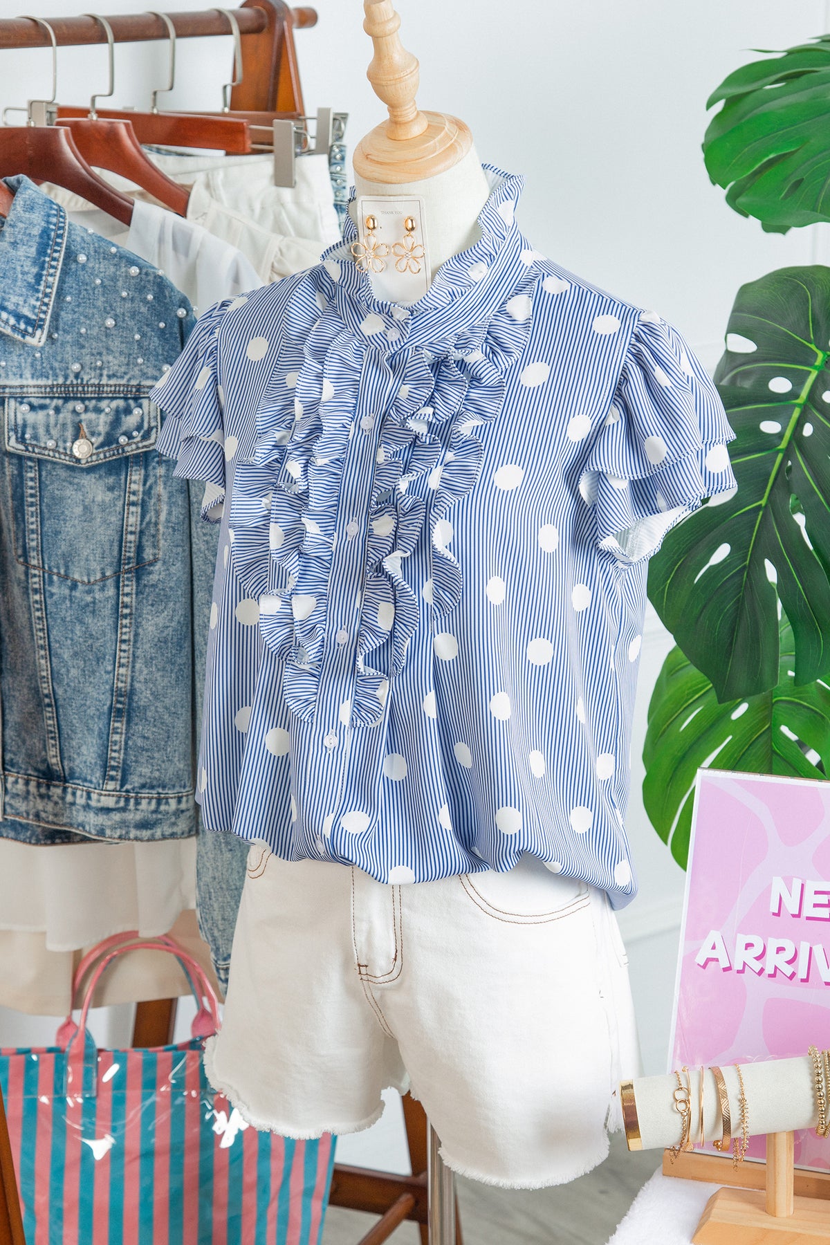 Stripe Polka Dot Ruffle Blouse
