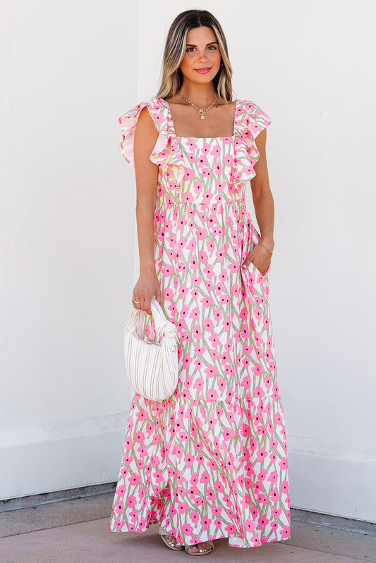 Square Neck Ruffled Floral Dress