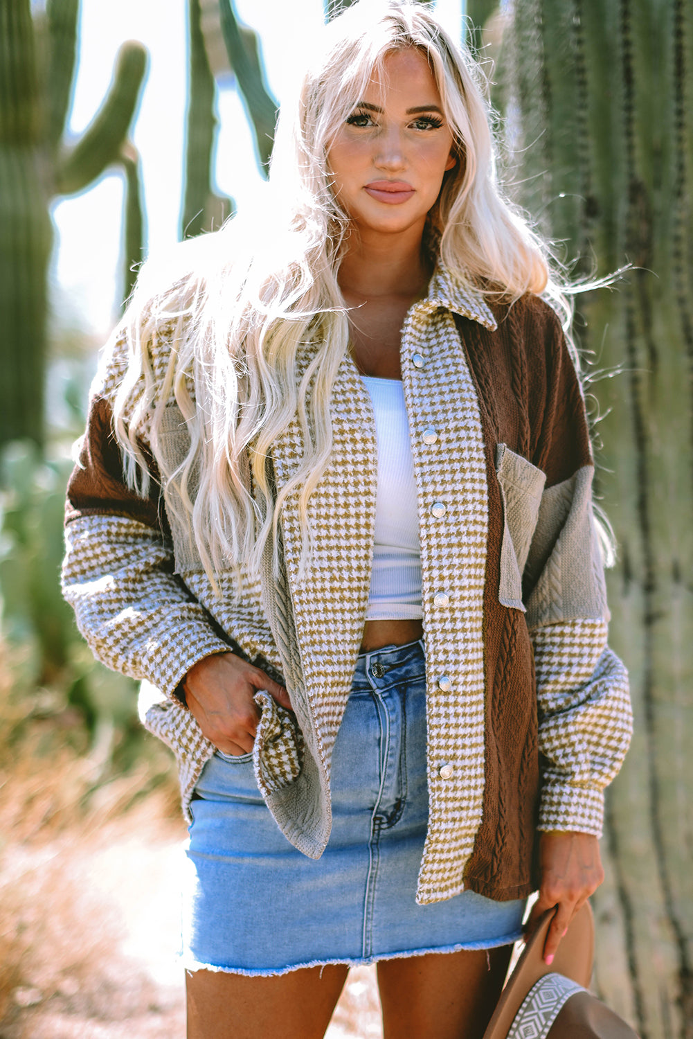 Houndstooth Color Textured Shacket Jackets