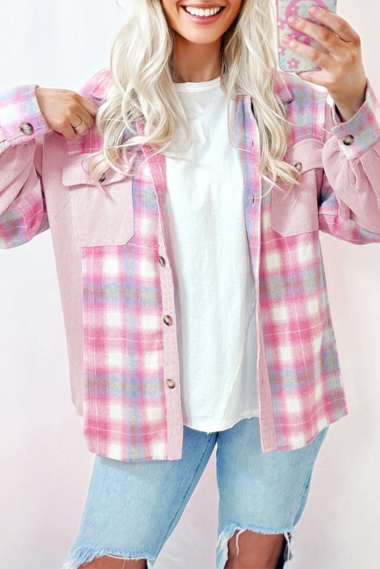 Brushed Corduroy Flap Plaid Shackets