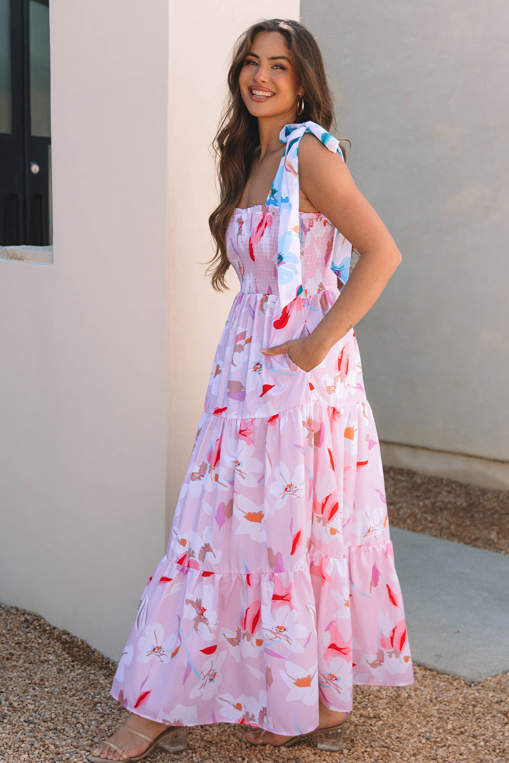 Knotted Smocked Maxi Floral Dress