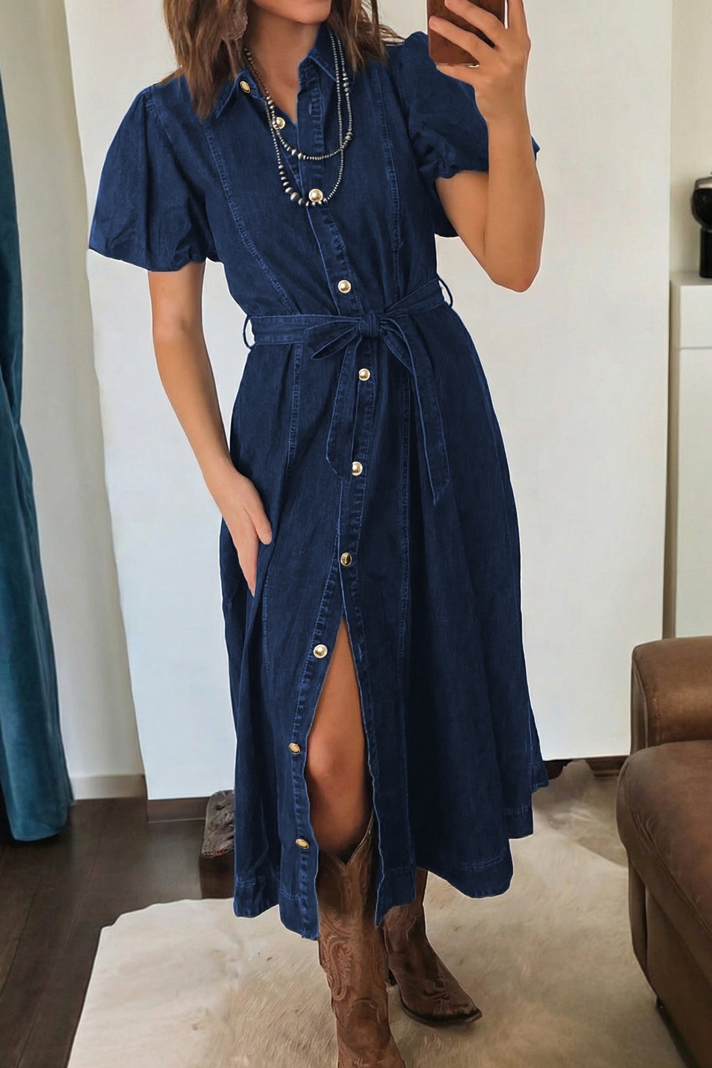 Full Buttons Denim Midi Dress
