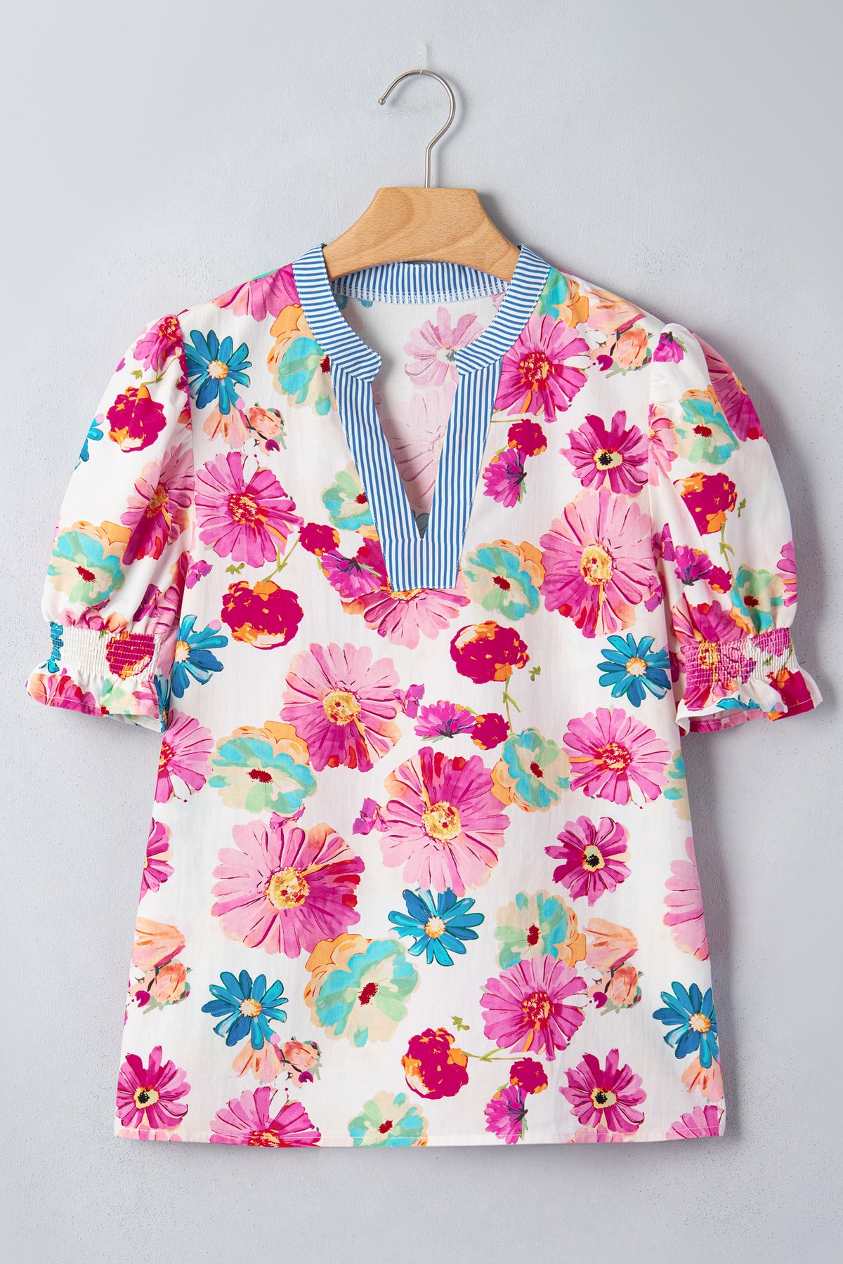 Floral Puff Sleeve Striped Blouse