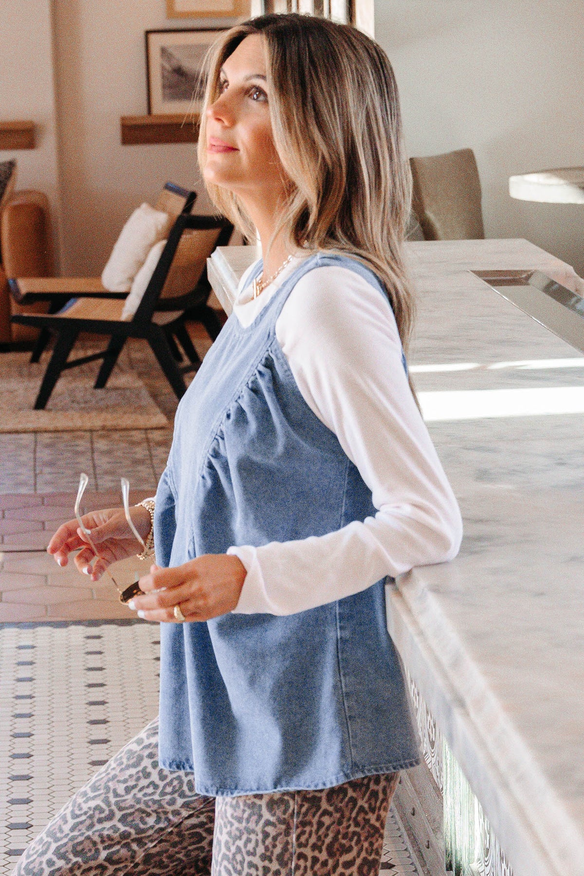 Denim Pleated Sleeveless Tank Top