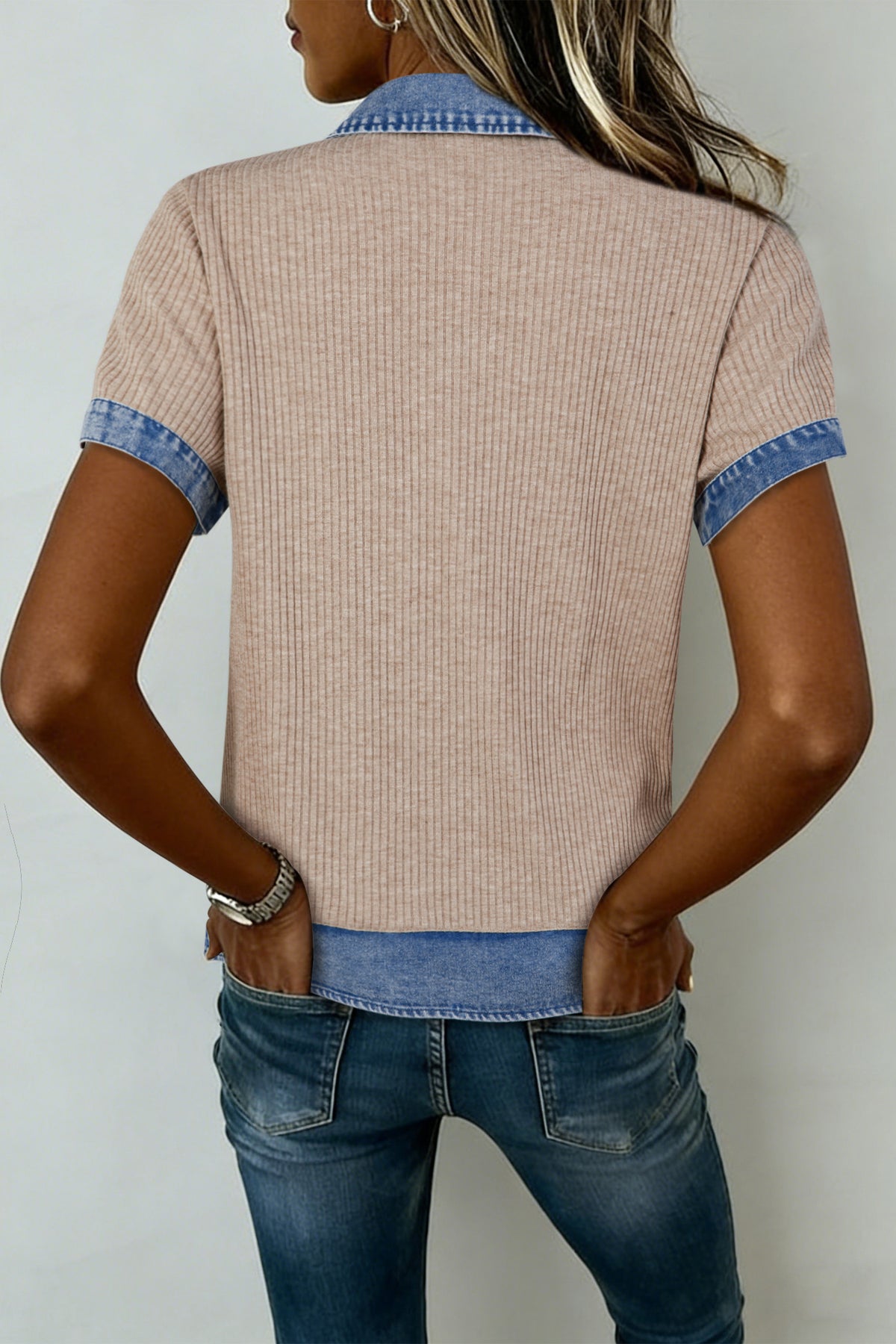 Ribbed Knit Denim Button Blouse