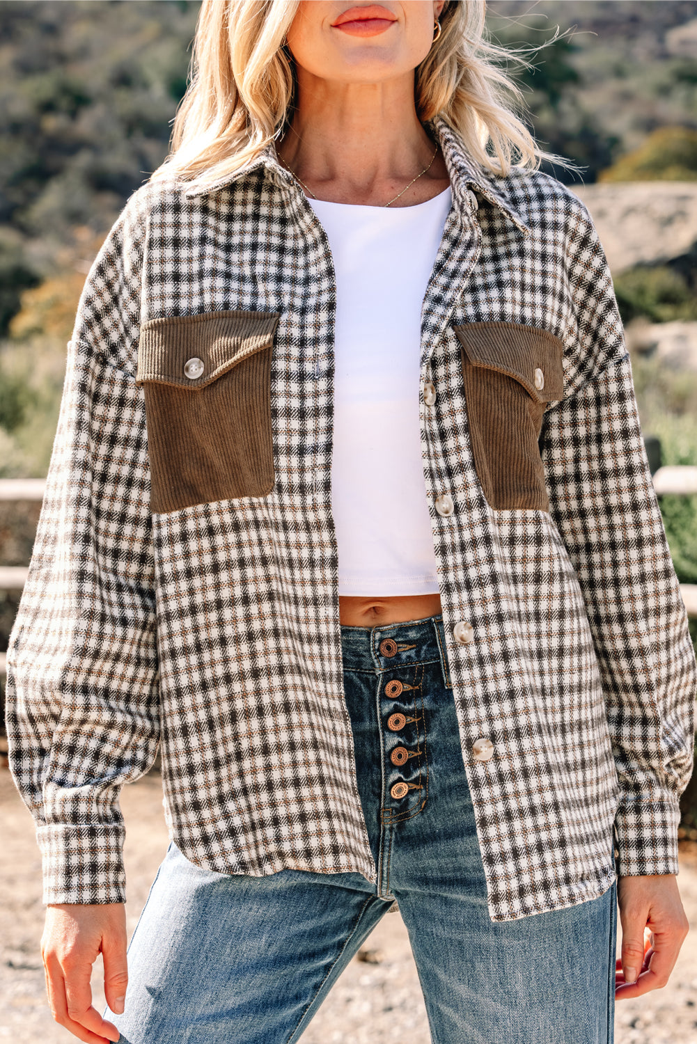 Casual Corduroy Flap Plaid Shackets