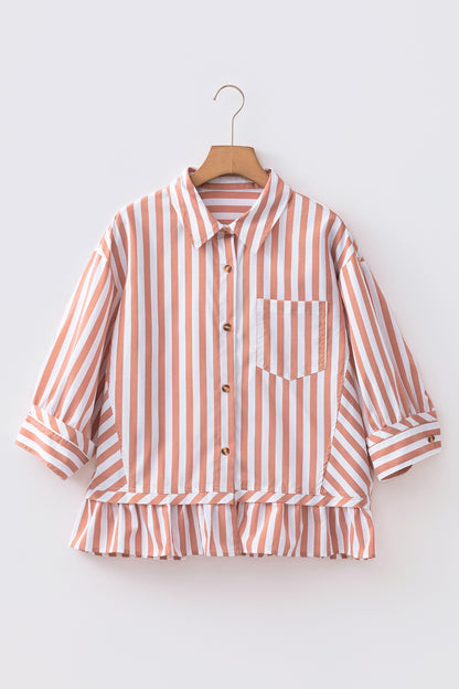 Stripe Collar Ruffle Hem Blouse