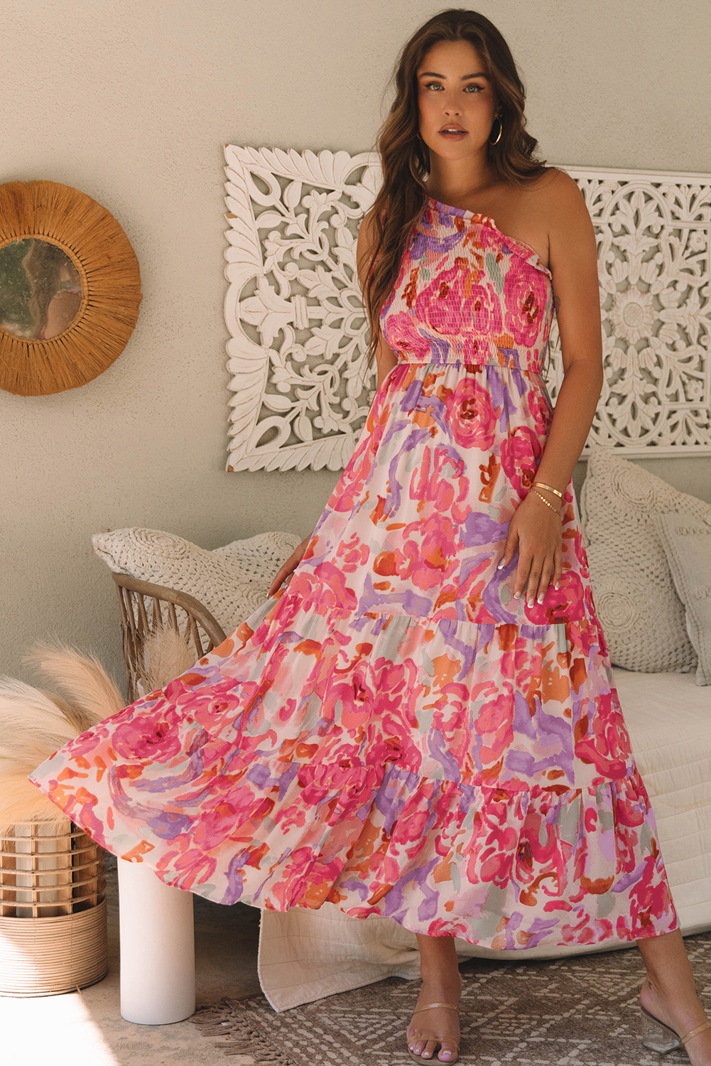 Abstract Shirred Maxi Floral Dress