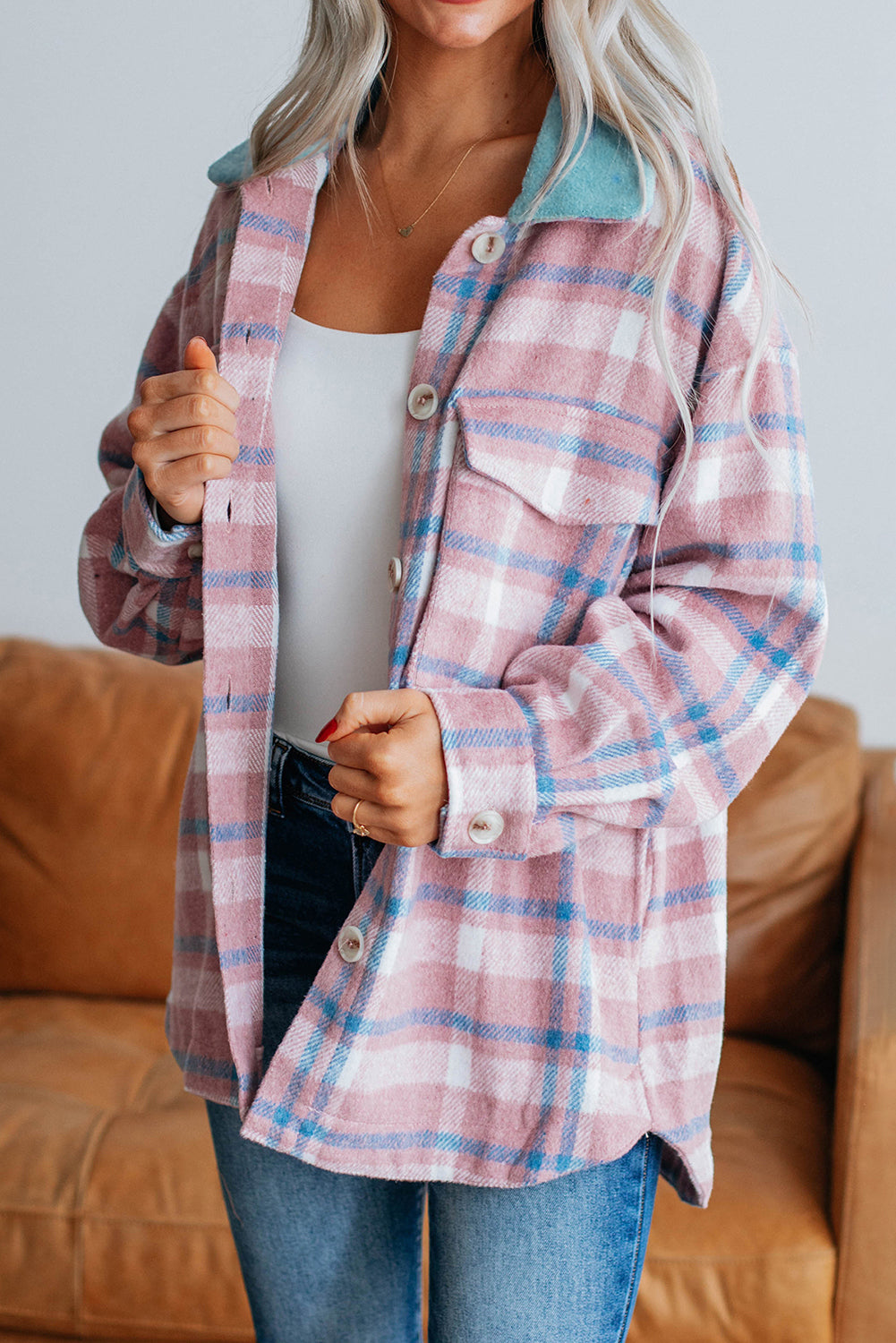 Color Block Collared Plaid Shackets