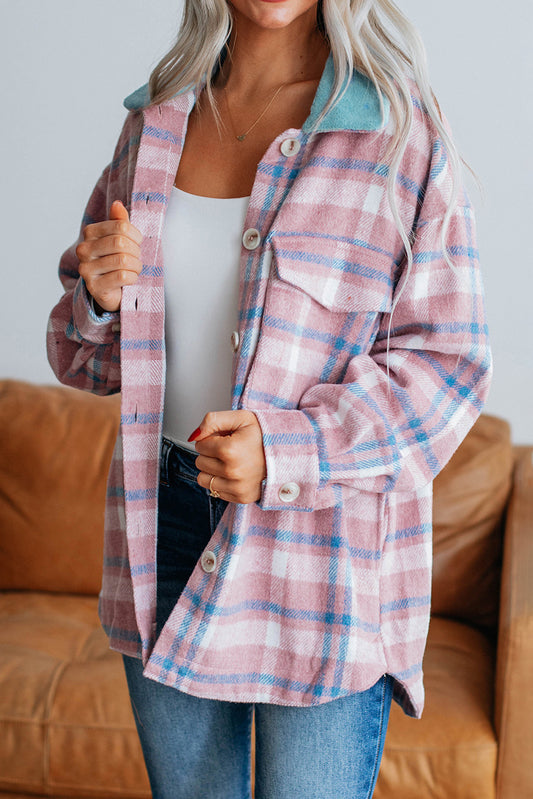 Color Block Collared Plaid Shackets