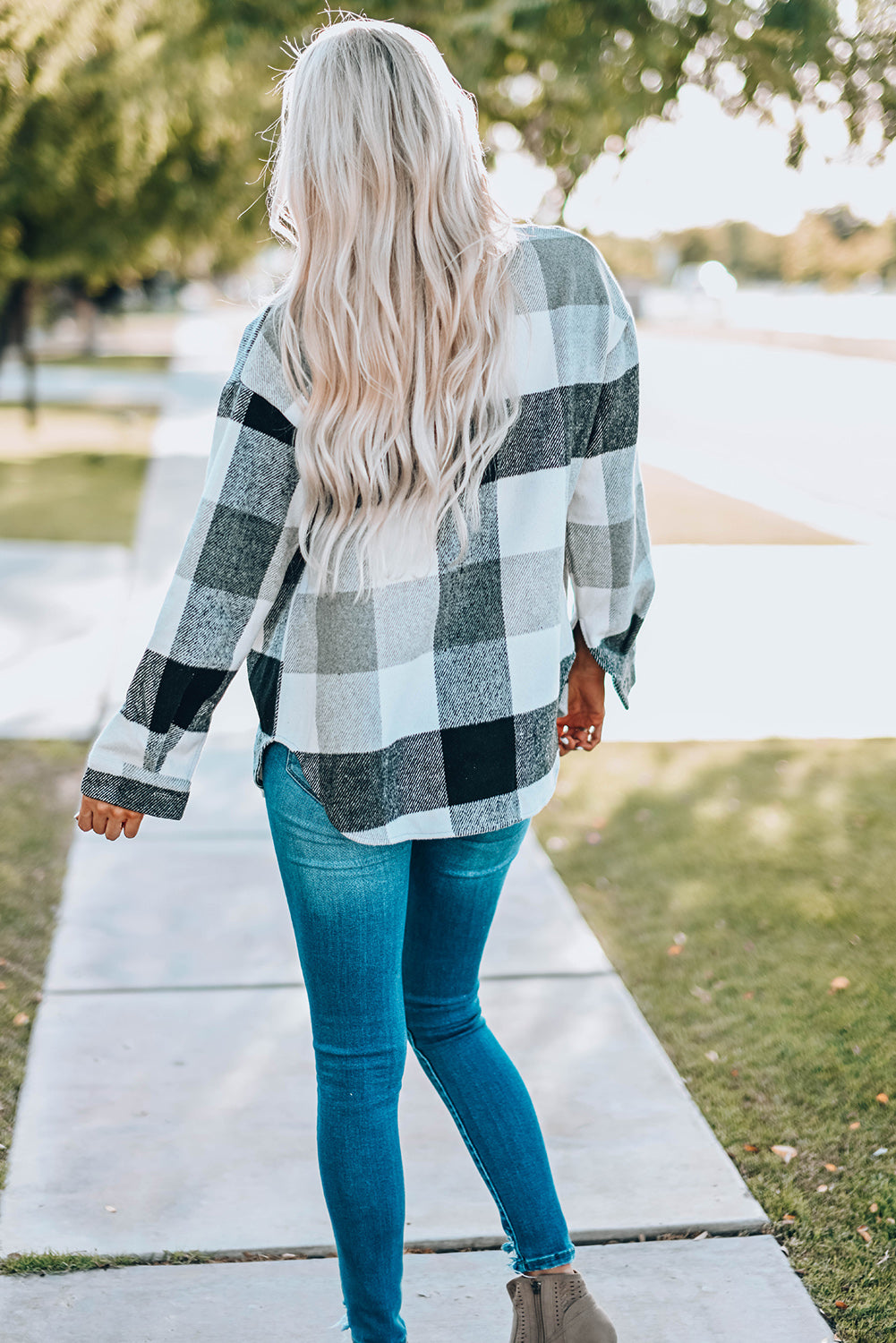 Color Block Buttoned Plaid Shackets