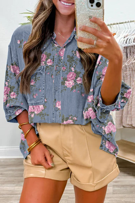 Bracelet Sleeve Floral Denim Blouse