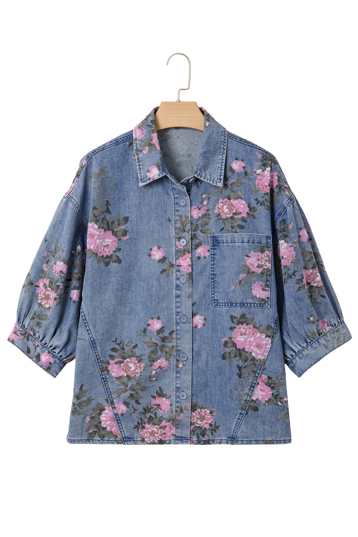 Bracelet Sleeve Floral Denim Blouse