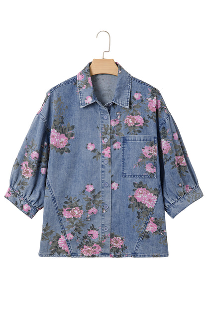 Bracelet Sleeve Floral Denim Blouse