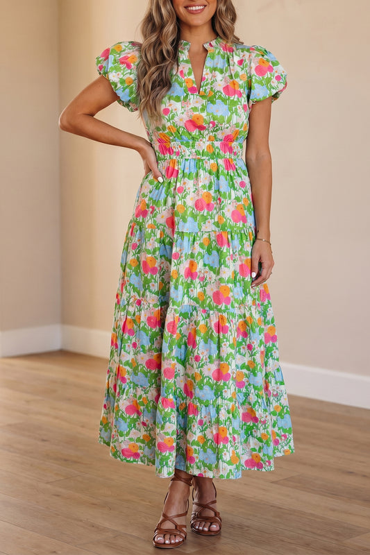V-neck Puff Sleeve Floral Dress