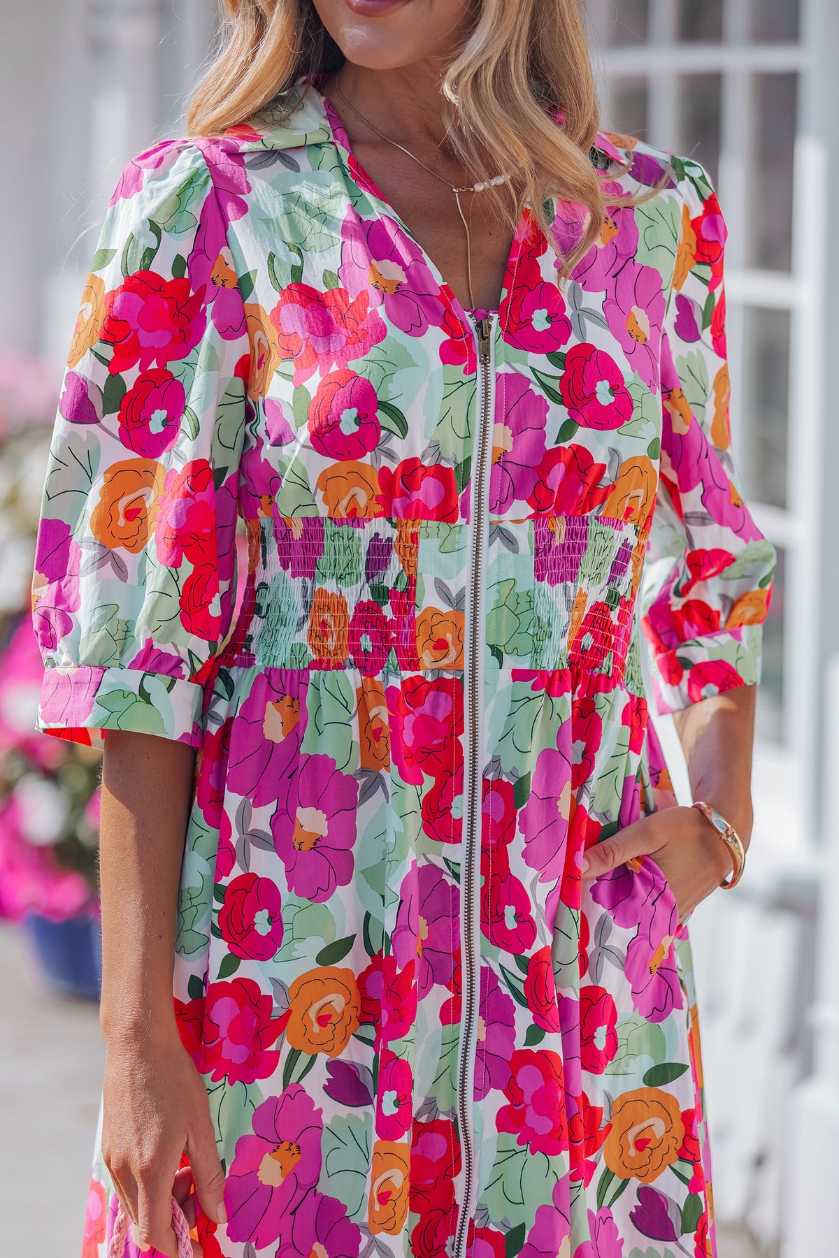 Vibrant V-neck Zip Floral Dress