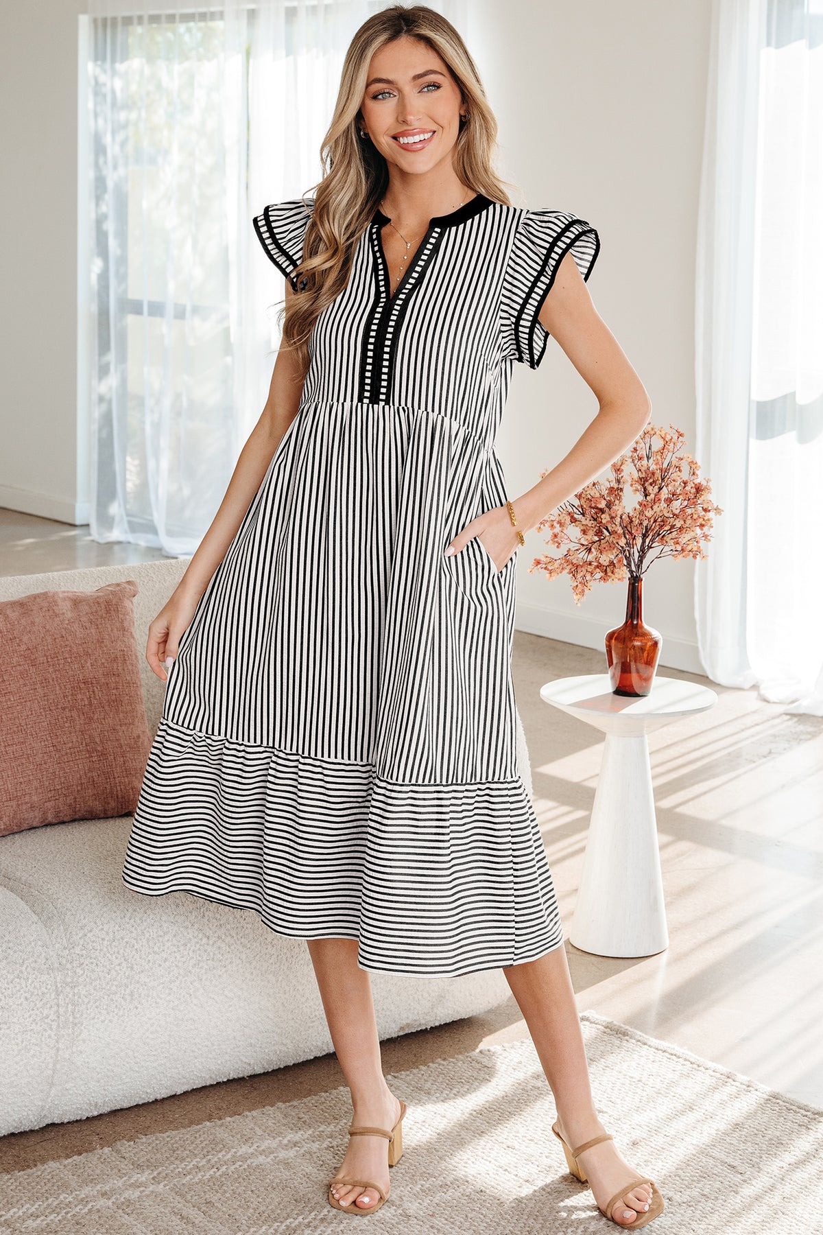 Stripe Ruffled V-neck Midi Dress