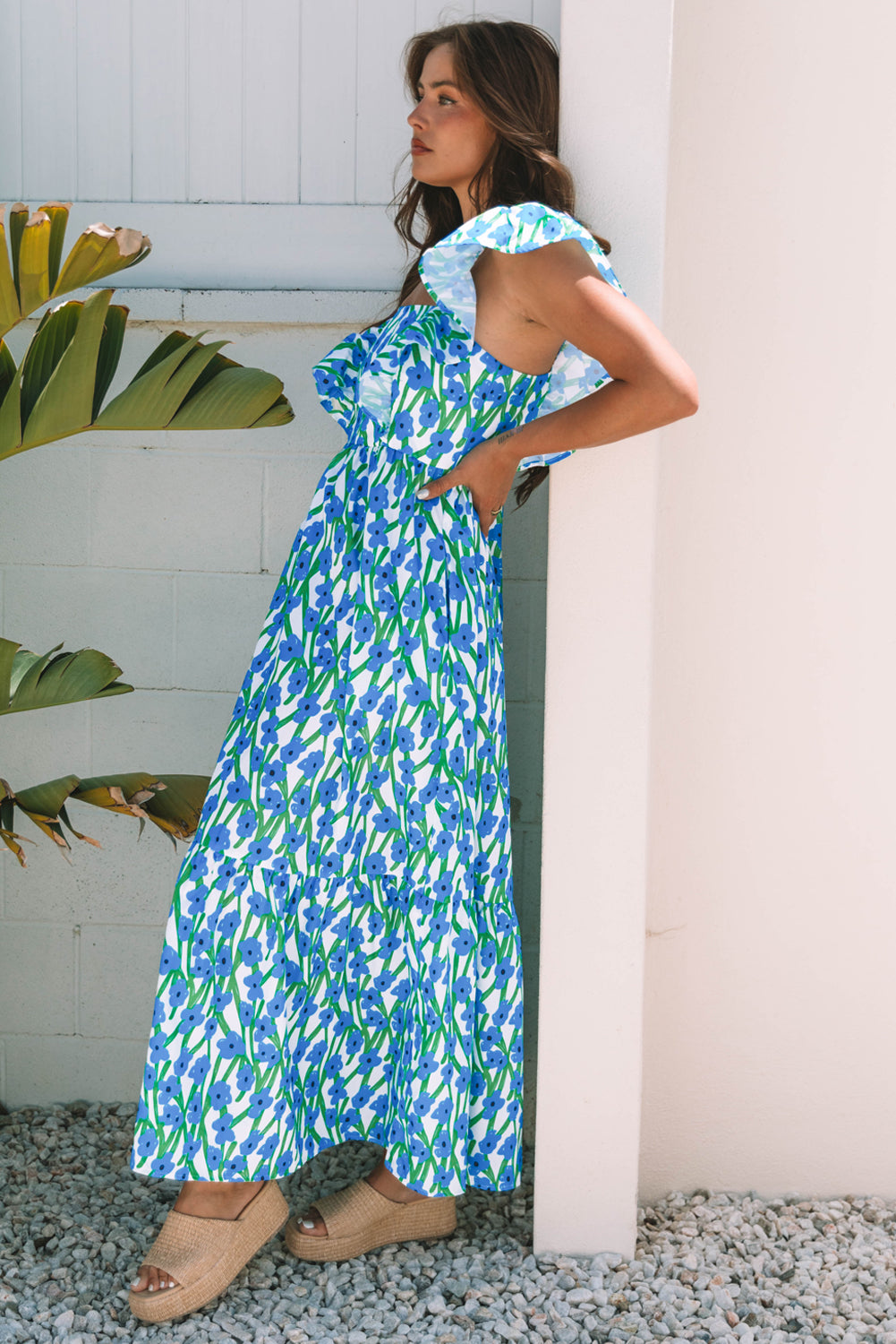 Square Neck Ruffled Floral Dress