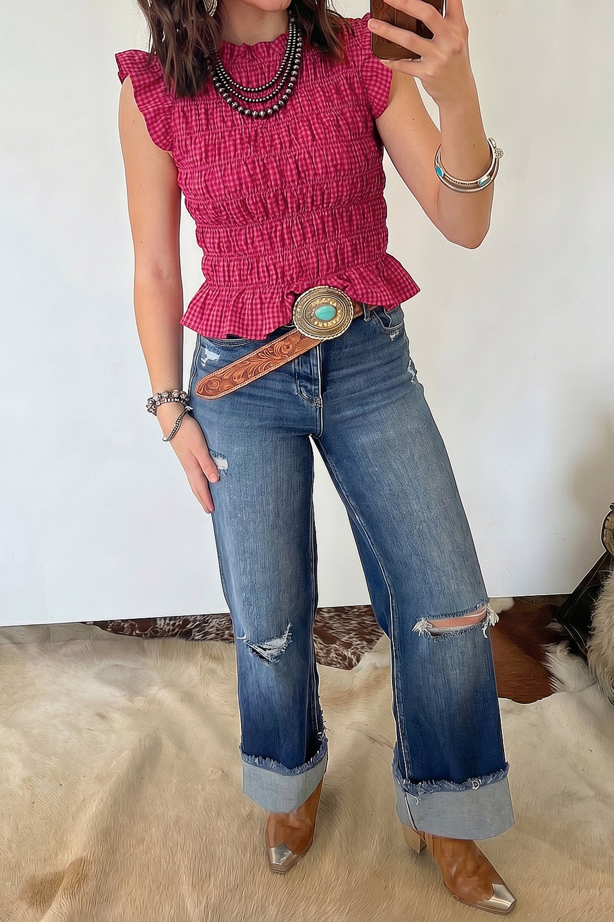 Plaid Shirred Ruffle Tank Top